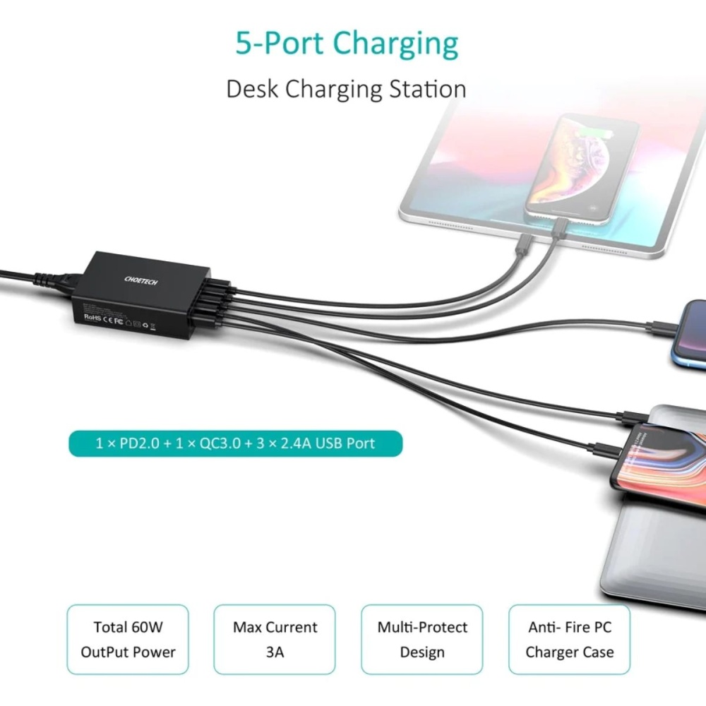 Bộ Sạc Nhanh 60w 5 Cổng (3 Usb A+ 1 Usb C) Choetech Q34u2q Hàng Chính Hãng (6)