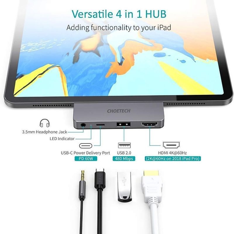 Hub Chia Cổng Type C 4 In 1 đa Năng (1 Type C Pd 3.0, 1 Cổng Usb 3.0, Cổng Hdmi Chuẩn 4k, Cổng Aux 3.5mm) Choetech M13 Hàng Chính Hãng (3)