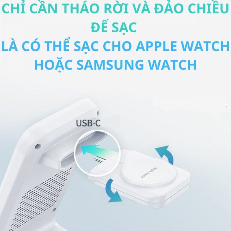 Đế Sạc Nhanh Không Dây 3 In 1 Công Suất 15w Choetech T608 Dùng Sạc điện Thoại, Tai Nghe Và Sạc đồng Hồ ( Apple Watch Và Samsung Watch) Có Thể Tháo Rời Hàng Chính Hãng (2)