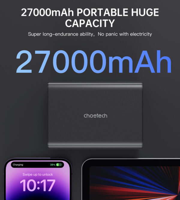 Pin dự phòng sạc nhanh công suất cao 222.5W Choetech B635 dung lượng 27000mAh có màn hình LED hiển thị phần trăm pin (Hàng chính hãng)