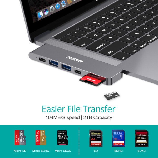 Hub chuyển 7in 2 Choetech HUB-M14 dùng cho Macbook ( Usb C* 2 To HDMI, TF, SD, 2*USB-C, 2*USB 3.0)- Hàng chính hãng