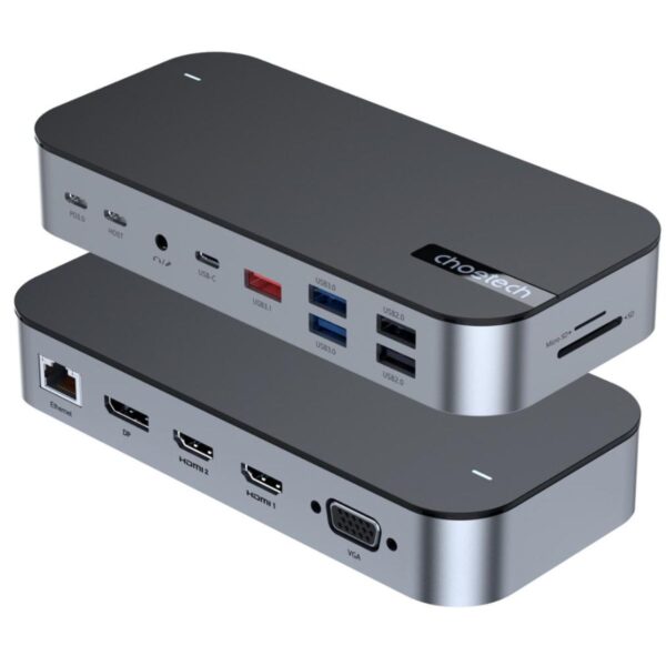 Bộ Hub chuyển đổi 15 in1 Choetech HUB-M52 Docking Station (HDMI *2 + 1 USB C HOST + USB-C*2 + 5*USB-A+VGA + DP+ SD+ TF+ RJ45+ AUX) dùng cho điện thoại, máy tính bảng và thiết bị chơi game- Hàng chính hãng