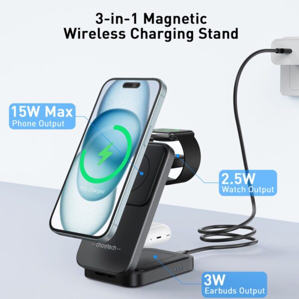 Đế sạc nhanh Magsafe 3 in 1 xếp gọn 15W Choetech T611 dùng sạc cho điện thoại, tai nghe và Apple watch (Hàng chính hãng)