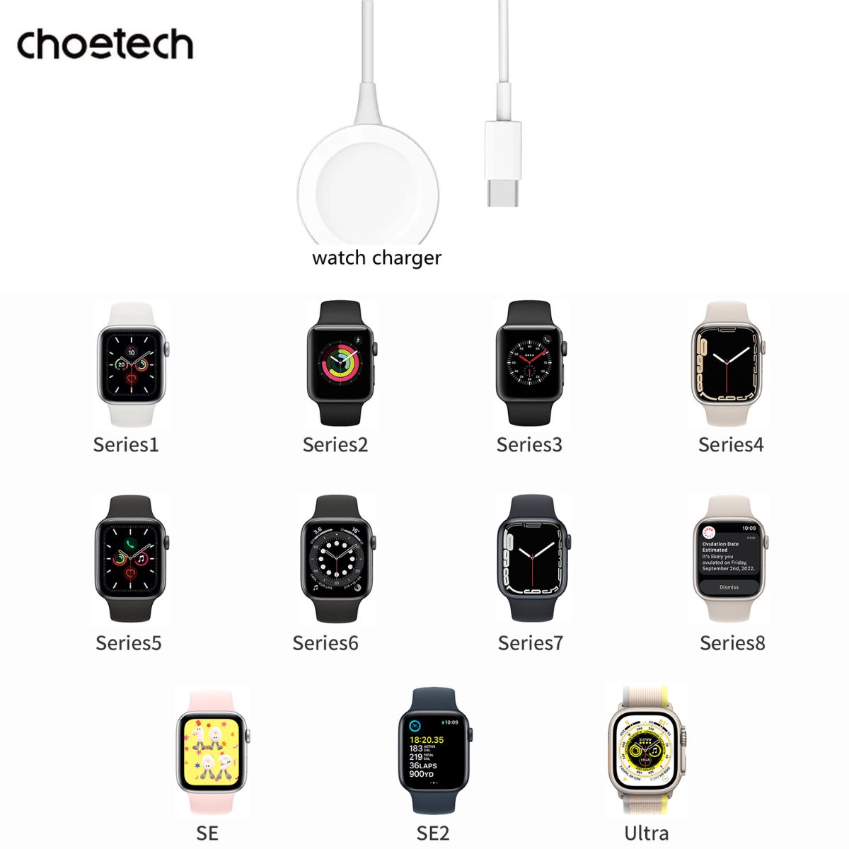 Dây sạc Apple Watch Type C Choetech T400 công suất 3W dài 1M (Hàng chính hãng)