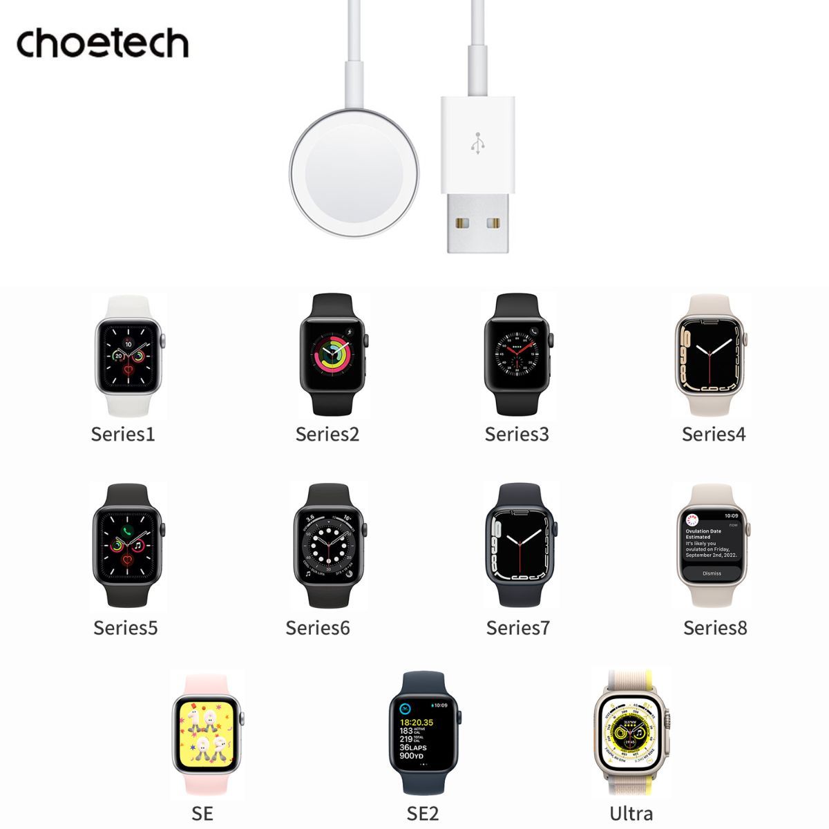 Dây sạc Apple Watch USB A Choetech T401 công suất 3W dài 1M (Hàng chính hãng)