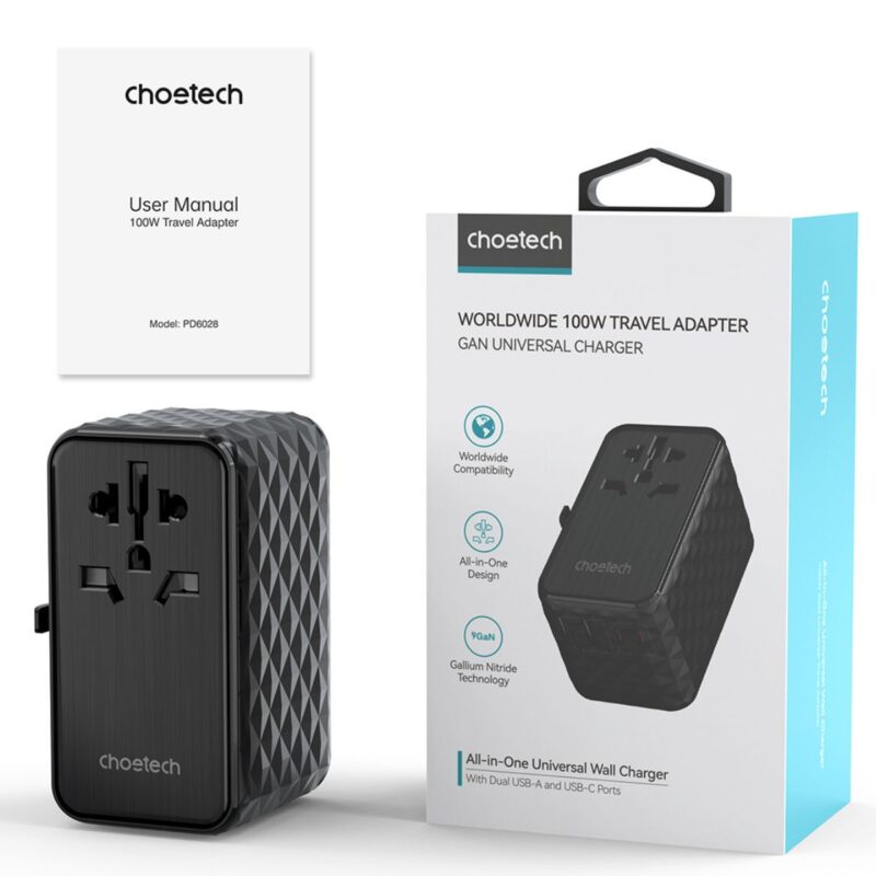 Củ sạc du lịch đa năng Gan 100W Choetech PD6028 (2 USB C+ 2 USB A)- Hàng chính hãng