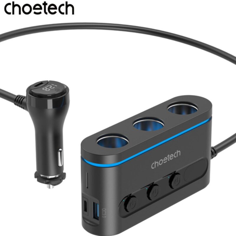 Tẩu sạc đa năng mở rộng Choetech TC0021 thành 3 cổng cắm tẩu và 1 Usb + 2 Usb C công suất 200w (Hàng chính hãng)