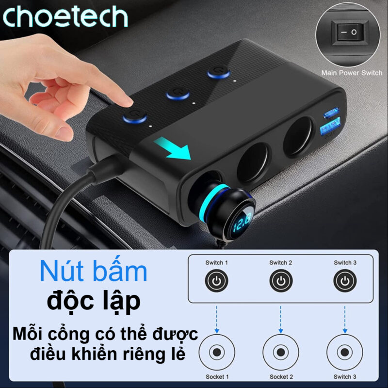 Tẩu sạc đa năng mở rộng Choetech TC0021 thành 3 cổng cắm tẩu và 1 Usb + 2 Usb C công suất 200w (Hàng chính hãng)