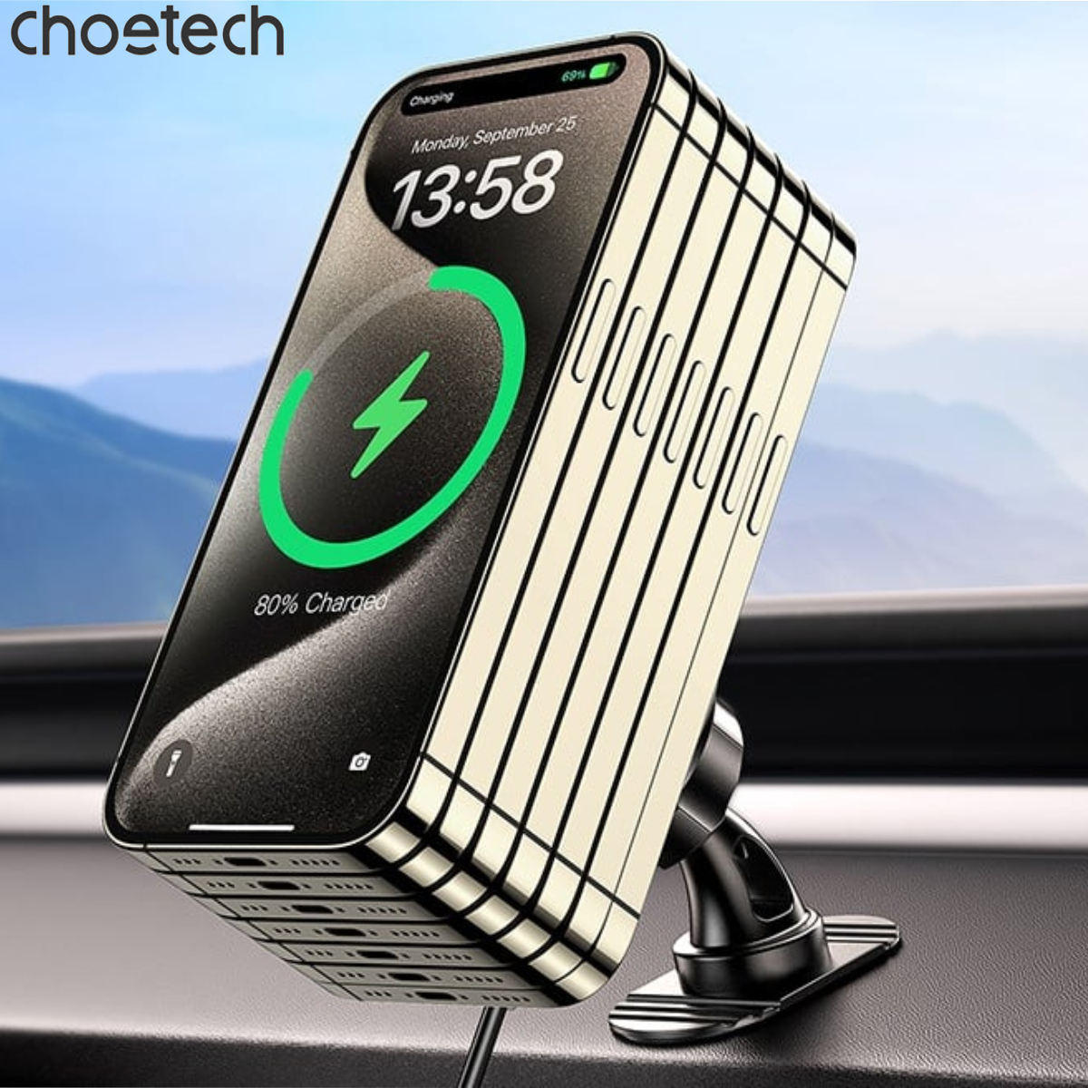 Bộ giá đỡ điện thoại magsafe 2 in 1 trên ô tô Choetech T208-F sạc nhanh công suất 15w