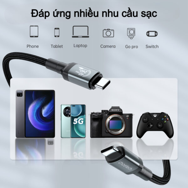 Cáp sạc nhanh Type C to Type C 240w Choetech XCC-1040 hỗ trợ truyền tải dữ liệu 8K@60Hz (Hàng chính hãng)