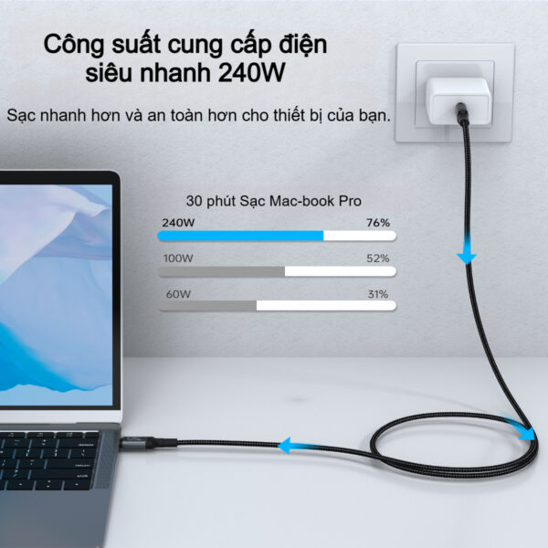 Cáp sạc nhanh Type C to Type C 240w Choetech XCC-1040 hỗ trợ truyền tải dữ liệu 8K@60Hz (Hàng chính hãng)
