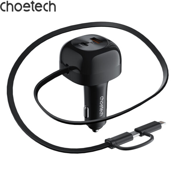 Tẩu sạc ô tô 75w Choetech TC0036 tích hợp cáp sạc rút Type C kèm đầu nối Lightning (Hàng chính hãng)