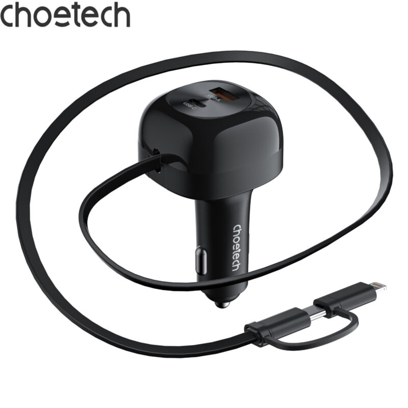 Tẩu sạc ô tô 75w Choetech TC0036 tích hợp cáp sạc rút Type C kèm đầu nối Lightning (Hàng chính hãng)