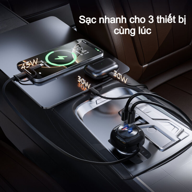 Tẩu sạc ô tô 75w Choetech TC0036 tích hợp cáp sạc rút Type C kèm đầu nối Lightning (Hàng chính hãng)