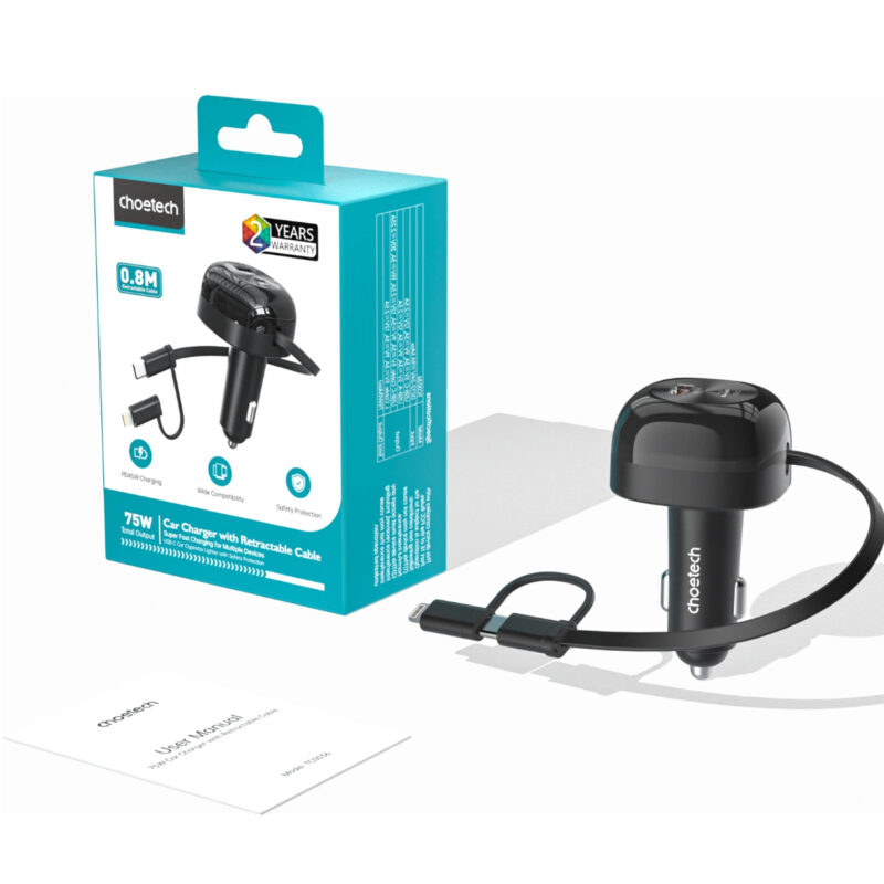 Tẩu sạc ô tô 75w Choetech TC0036 tích hợp cáp sạc rút Type C kèm đầu nối Lightning (Hàng chính hãng)