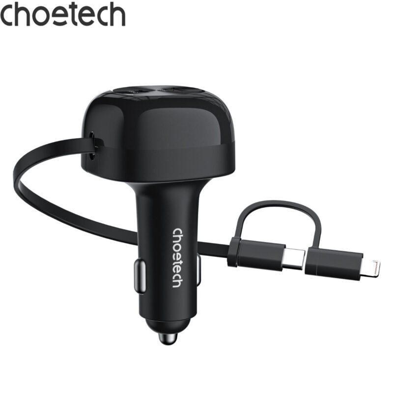 Tẩu sạc ô tô 75w Choetech TC0036 tích hợp cáp sạc rút Type C kèm đầu nối Lightning (Hàng chính hãng)