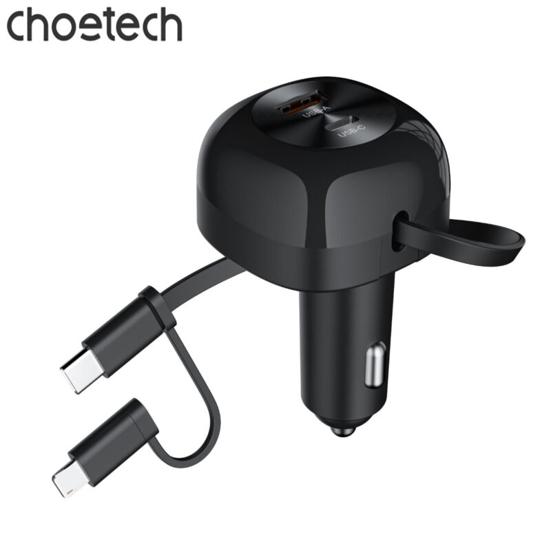 Tẩu sạc ô tô 75w Choetech TC0036 tích hợp cáp sạc rút Type C kèm đầu nối Lightning (Hàng chính hãng)