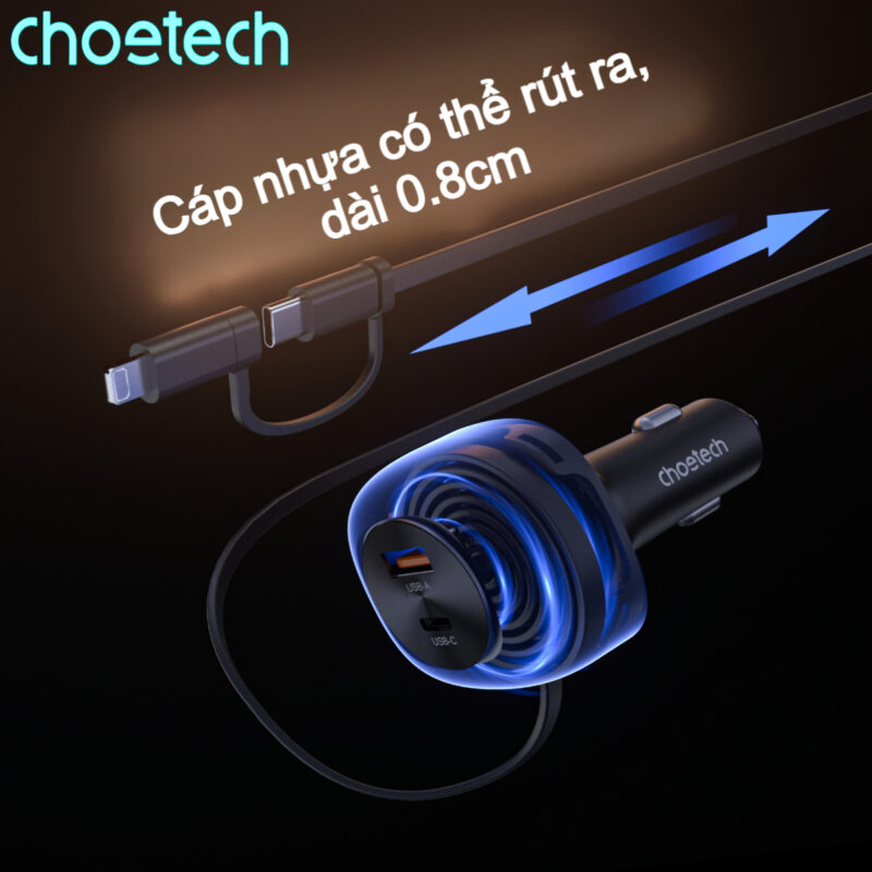 Tẩu sạc ô tô 75w Choetech TC0036 tích hợp cáp sạc rút Type C kèm đầu nối Lightning (Hàng chính hãng)