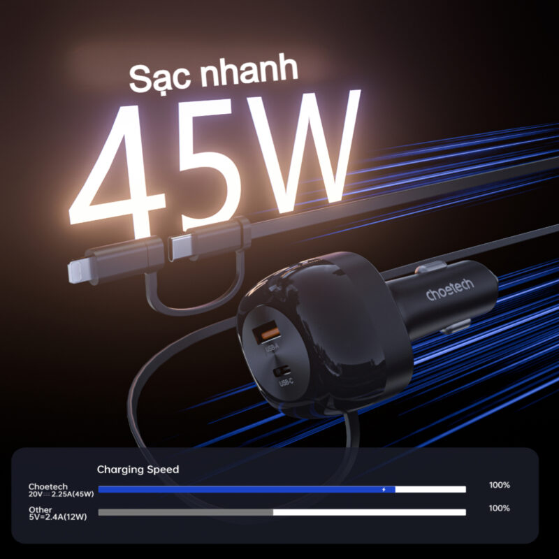 Tẩu sạc ô tô 75w Choetech TC0036 tích hợp cáp sạc rút Type C kèm đầu nối Lightning (Hàng chính hãng)