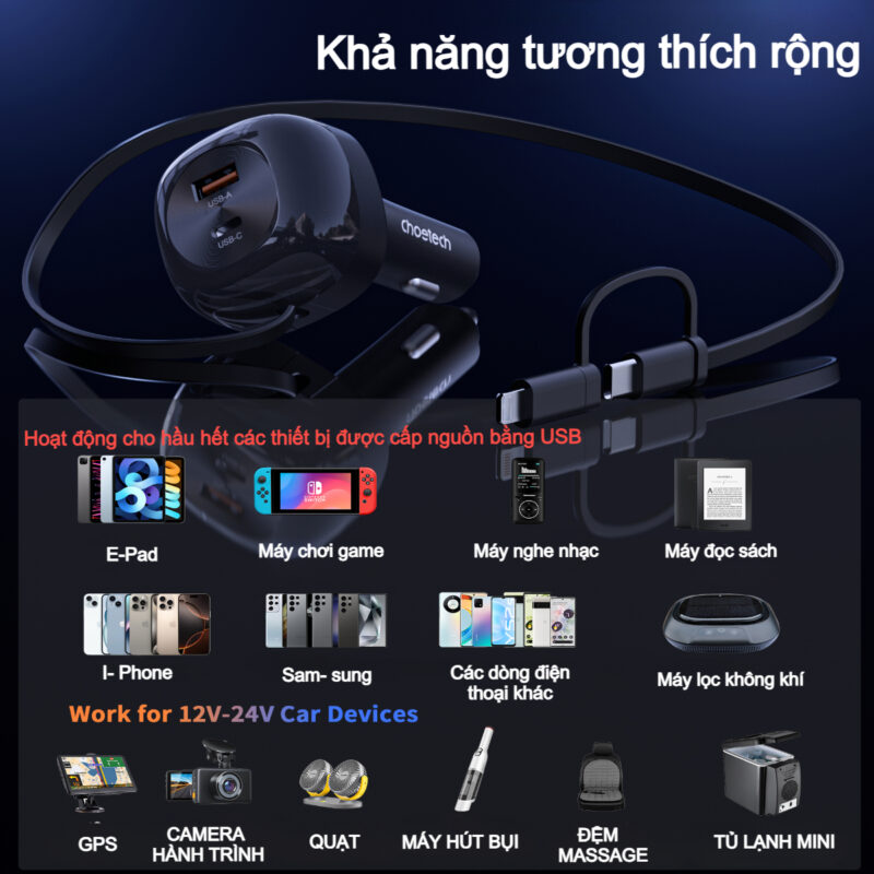 Tẩu sạc ô tô 75w Choetech TC0036 tích hợp cáp sạc rút Type C kèm đầu nối Lightning (Hàng chính hãng)