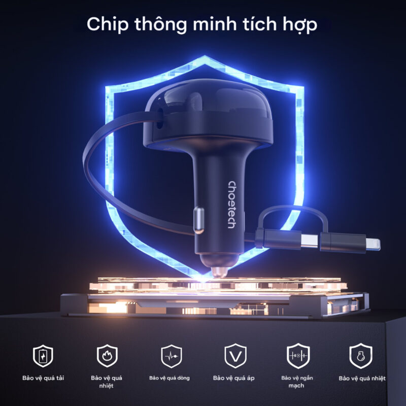 Tẩu sạc ô tô 75w Choetech TC0036 tích hợp cáp sạc rút Type C kèm đầu nối Lightning (Hàng chính hãng)
