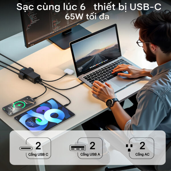 Bộ sạc nhanh GaN Pro 65w Choetech PD8054 kèm dây AC nối dài 1.5m (Hàng chính hãng)