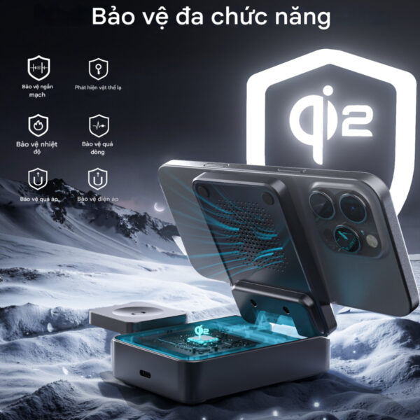 Đế sạc nhanh không dây 3 in 1 gấp gọn 15w Choetech T637 chuẩn Qi2 dùng cho iphone, airpods và apple watch (Hàng chính hãng)