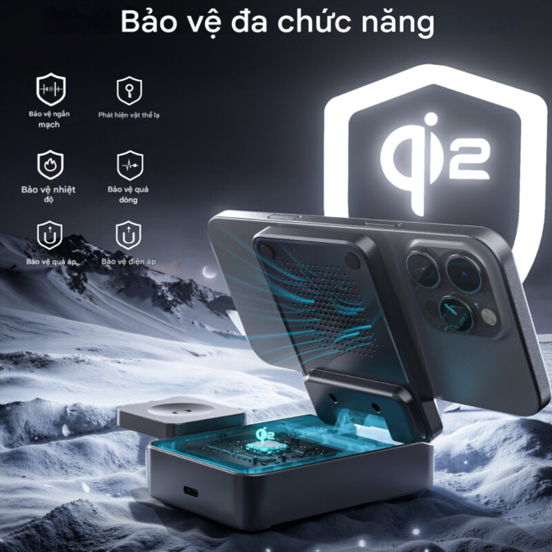 Đế sạc nhanh không dây 3 in 1 gấp gọn 15w Choetech T637 chuẩn Qi2 dùng cho iphone, airpods và apple watch (Hàng chính hãng)