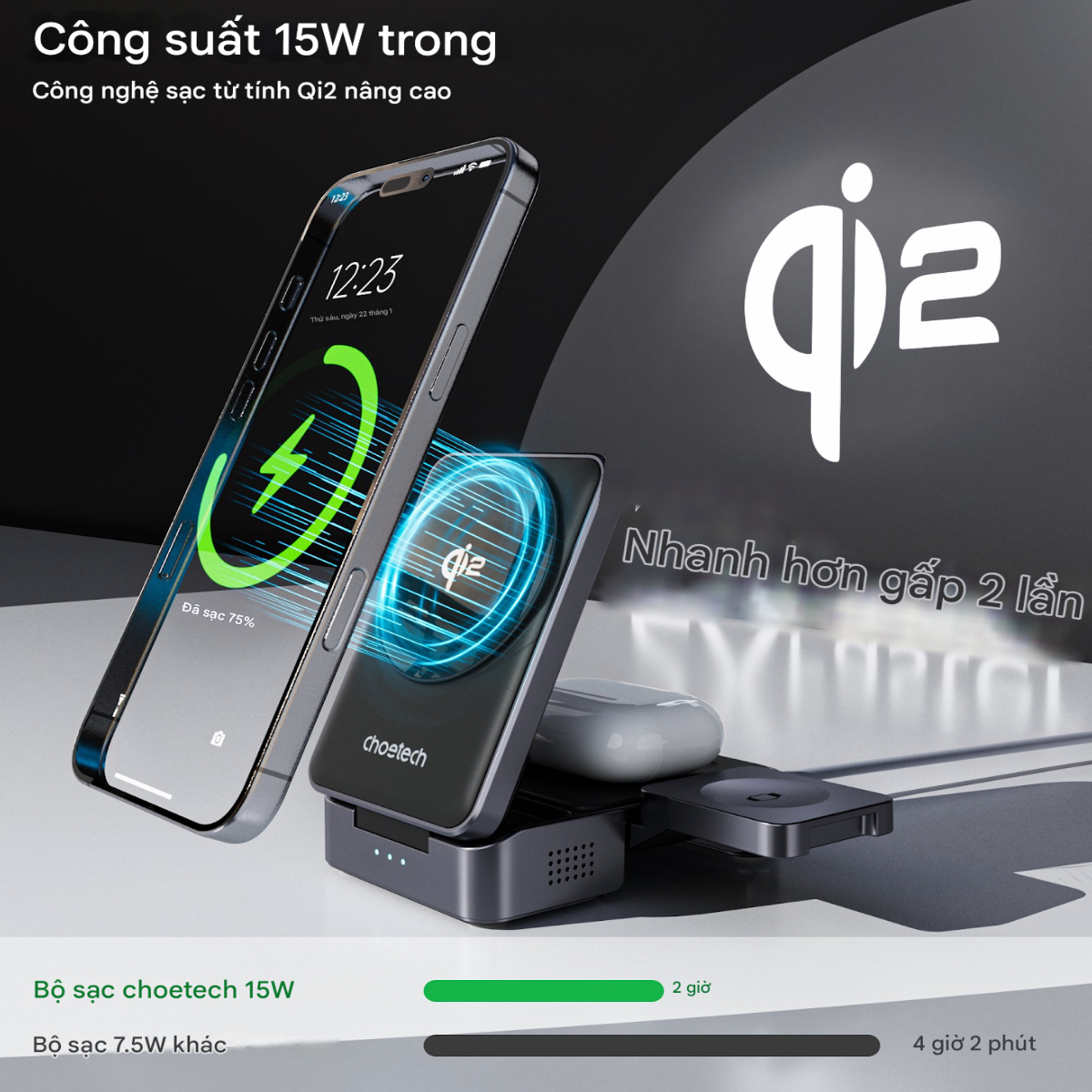 Đế sạc nhanh không dây 3 in 1 gấp gọn 15w Choetech T637 chuẩn Qi2 dùng cho iphone, airpods và apple watch (Hàng chính hãng)