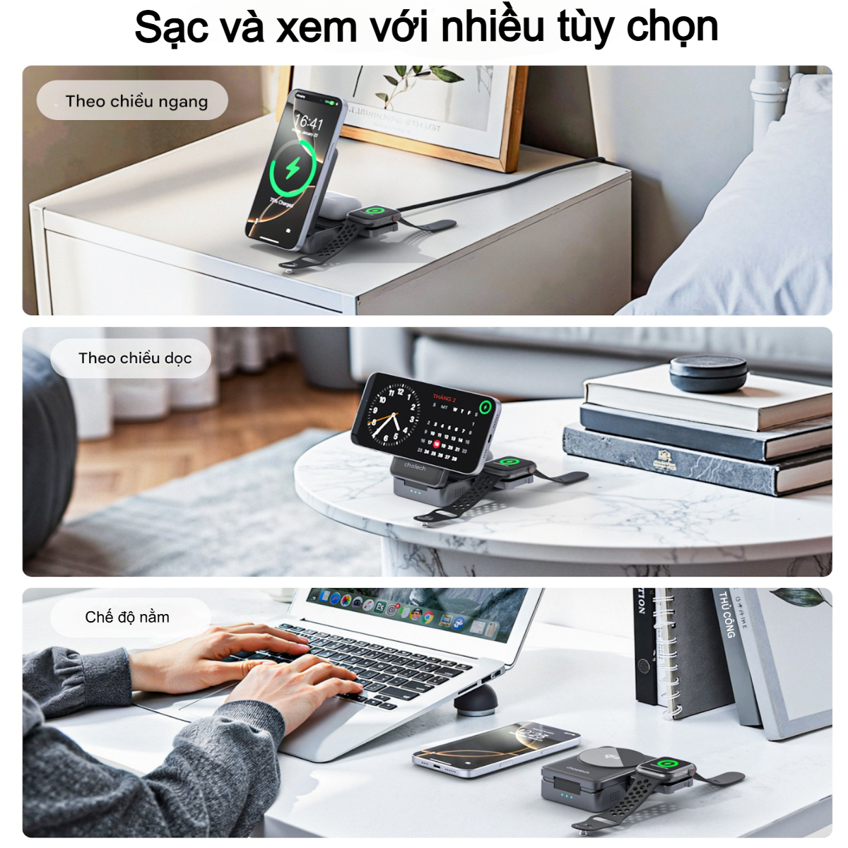Đế sạc nhanh không dây 3 in 1 gấp gọn 15w Choetech T637 chuẩn Qi2 dùng cho iphone, airpods và apple watch (Hàng chính hãng)