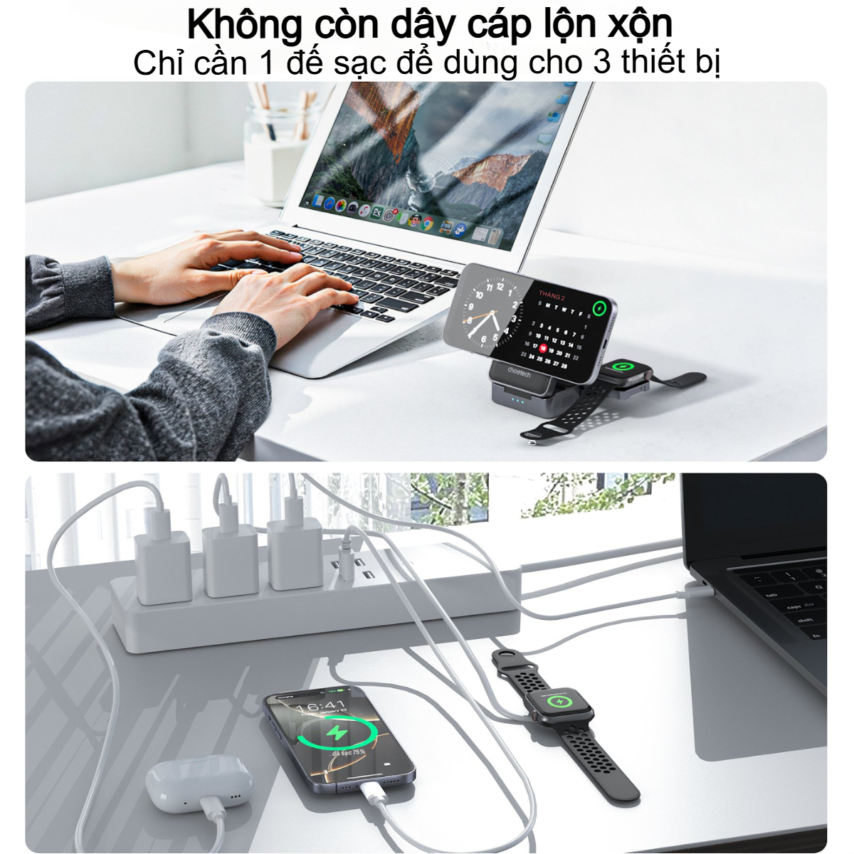 Đế sạc nhanh không dây 3 in 1 gấp gọn 15w Choetech T637 chuẩn Qi2 dùng cho iphone, airpods và apple watch (Hàng chính hãng)