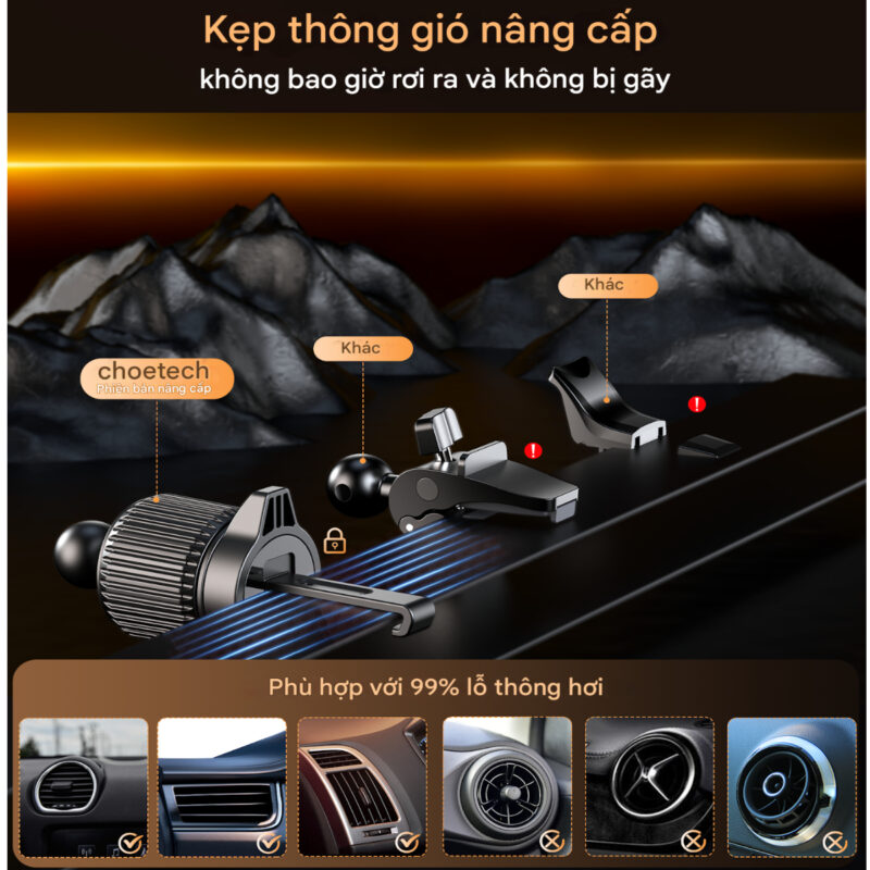 Bộ giá đỡ điện thoại hít nam cham 2in 1 Choetech H1005 dán taplo hoặc kẹp khe gió xoay 360 độ (Hàng chính hãng)