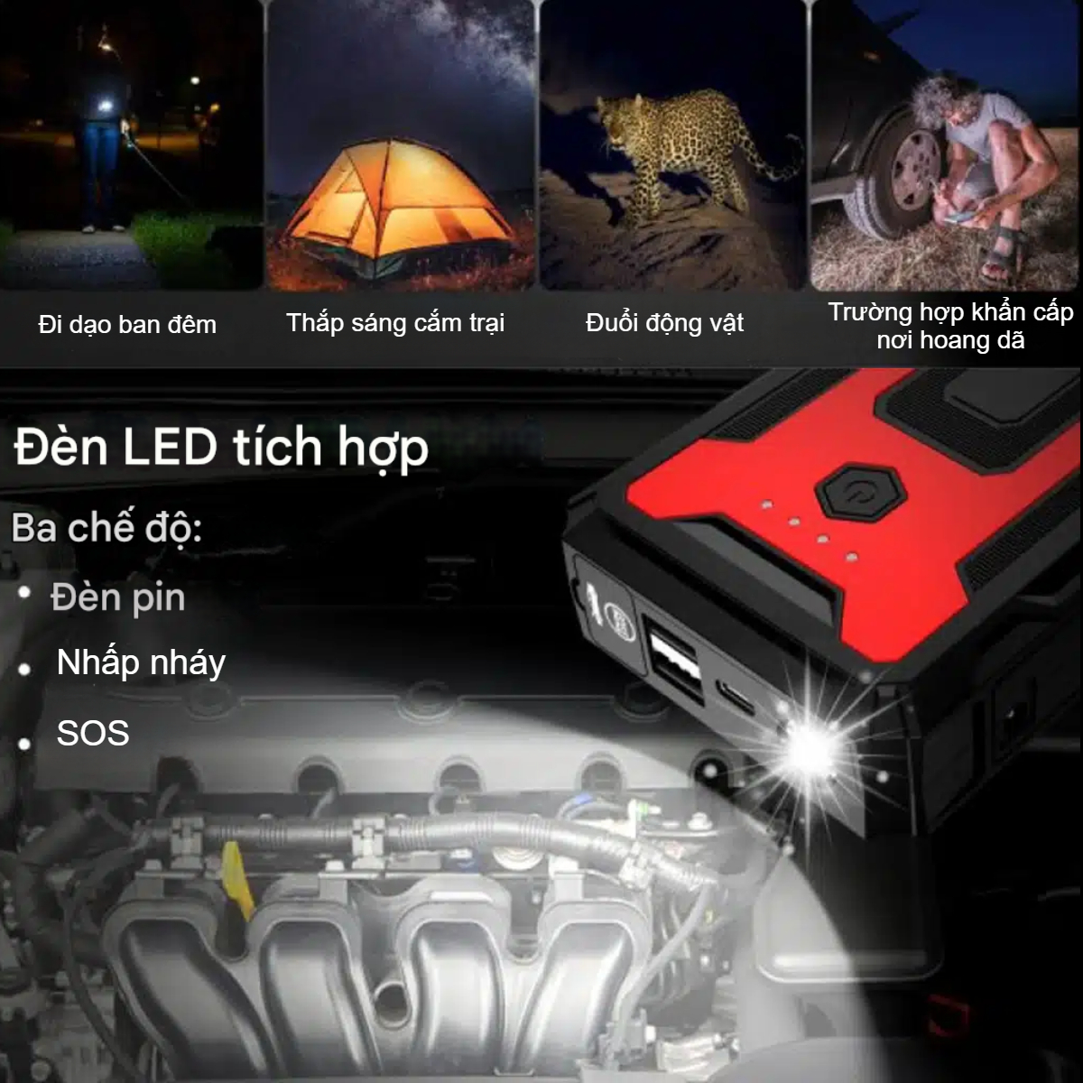 Bộ kích nguồn tô tô Choetech TC0009 2000A sạc pin cầm tay dung lượng 16000mAh tích hợp đèn led 3 chế độ (Hàng chính hãng)