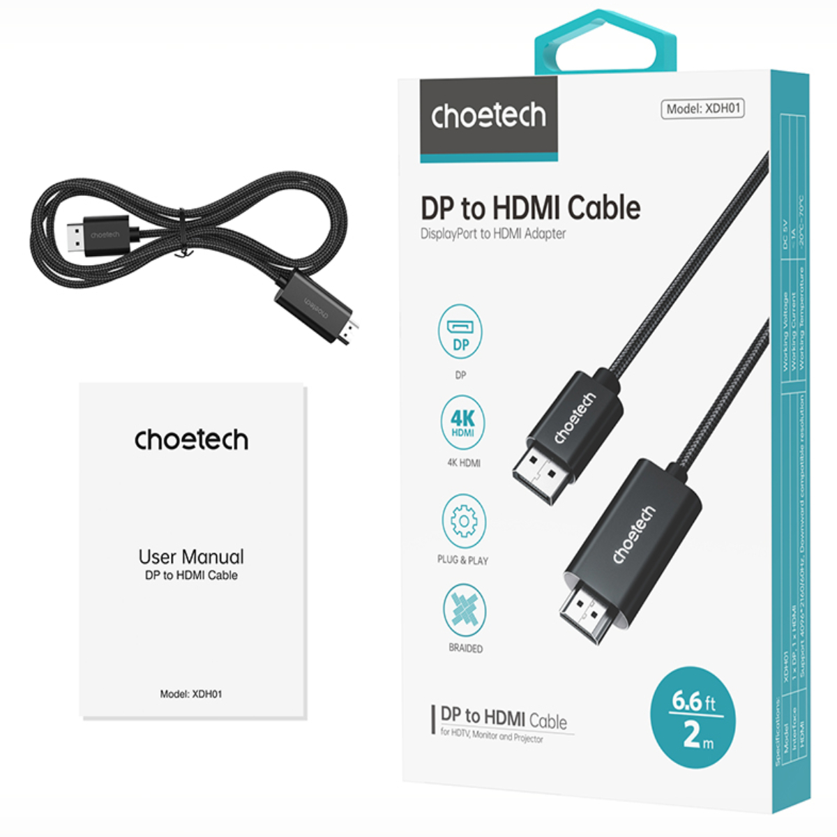 Cáp chuyển DisplayPort (DP) sang HDMI 4K@60Hz Choetech XDH01 dài 2m ( Hàng chính hãng)
