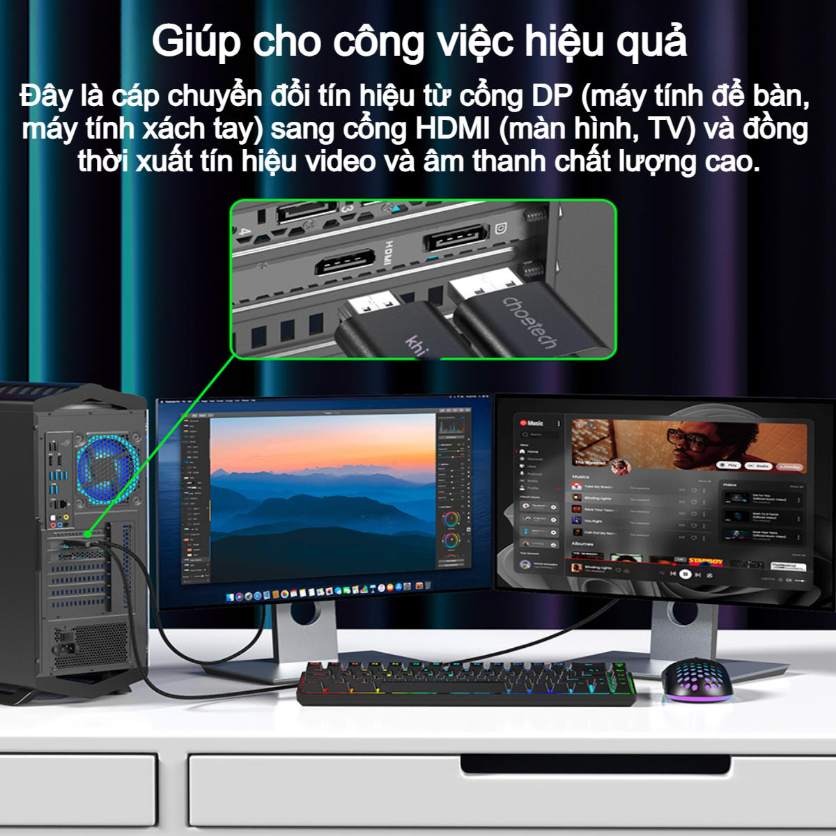 Cáp chuyển DisplayPort (DP) sang HDMI 4K@60Hz Choetech XDH01 dài 2m ( Hàng chính hãng)