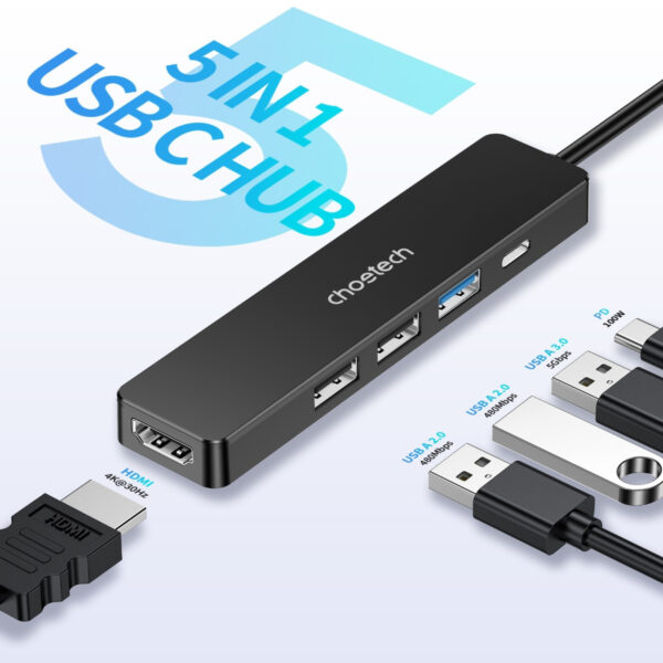 Hub chuyển đổi 5 in1 Choetech M80 (Type C to HDMI 4K30Hz + USBx 3 + PD100W)- Hàng chính hãng