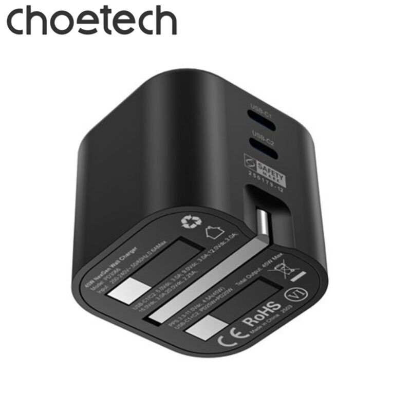 Củ sạc nhanh Gan 45w 2 cổng PD Choetech PD3066 chân cắm đa năng gấp gọn (Hàng chính hãng)