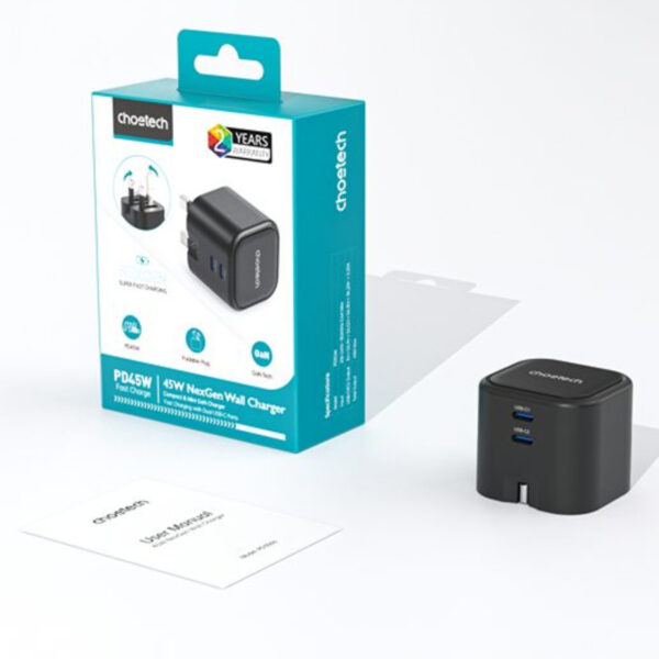 Củ sạc nhanh Gan 45w 2 cổng PD Choetech PD3066 chân cắm đa năng gấp gọn (Hàng chính hãng)