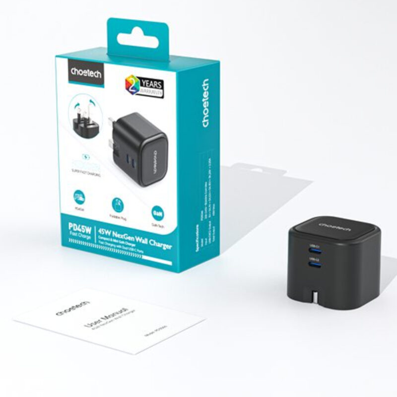 Củ sạc nhanh Gan 45w 2 cổng PD Choetech PD3066 chân cắm đa năng gấp gọn (Hàng chính hãng)