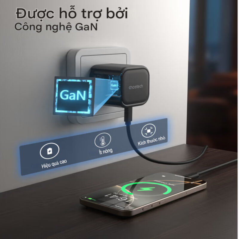 Củ sạc nhanh Gan 45w 2 cổng PD Choetech PD3066 chân cắm đa năng gấp gọn (Hàng chính hãng)