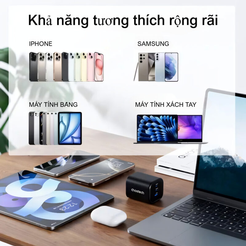 Củ sạc nhanh Gan 45w 2 cổng PD Choetech PD3066 chân cắm đa năng gấp gọn (Hàng chính hãng)