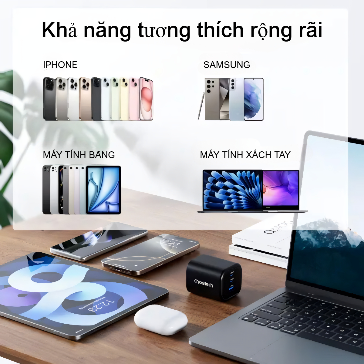Củ sạc nhanh Gan 65w 3 cổng Choetech PD3068 (2 USB C + 1 USB A) chân cắm đa năng gấp gọn- Hàng chính hãng