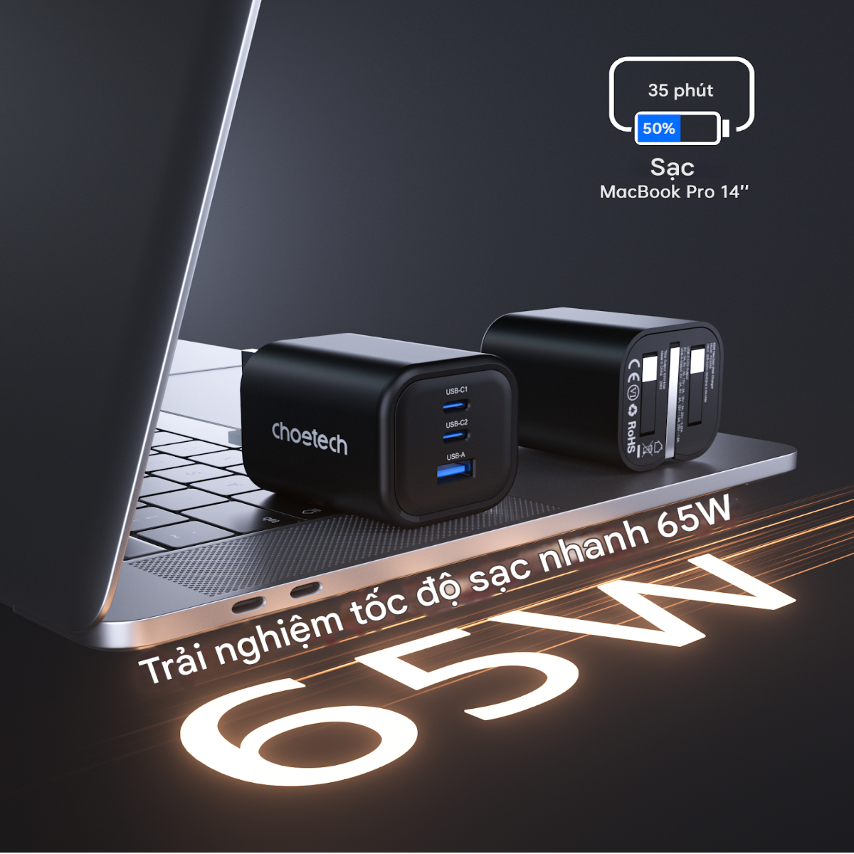 Củ sạc nhanh Gan 65w 3 cổng Choetech PD3068 (2 USB C + 1 USB A) chân cắm đa năng gấp gọn- Hàng chính hãng