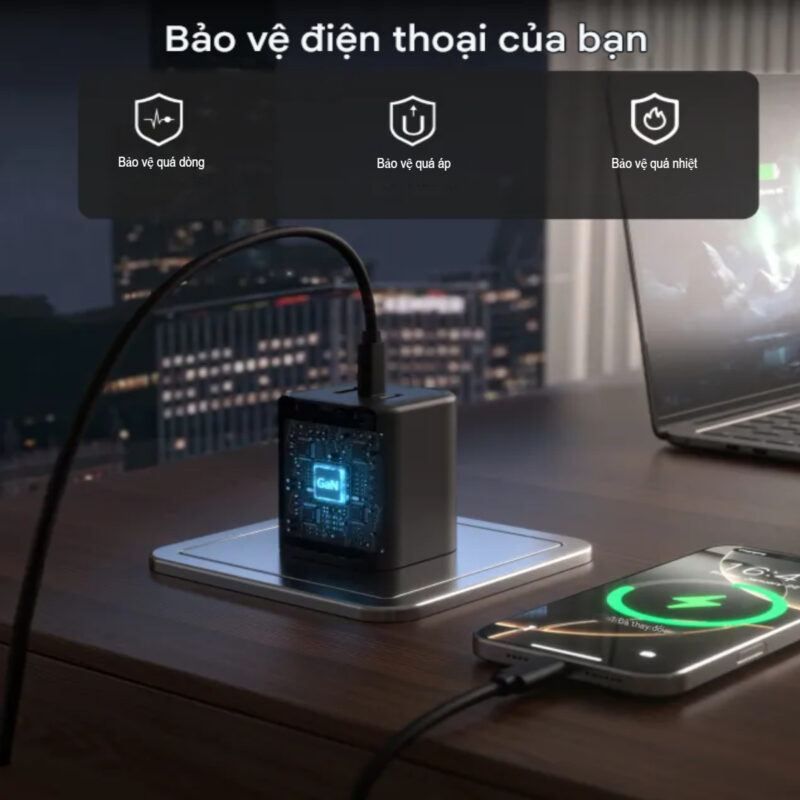Củ sạc nhanh Gan 65w 3 cổng Choetech PD6038 (2 USB C + 1 USB A) chân cắm đa năng gấp gọn- Hàng chính hãng