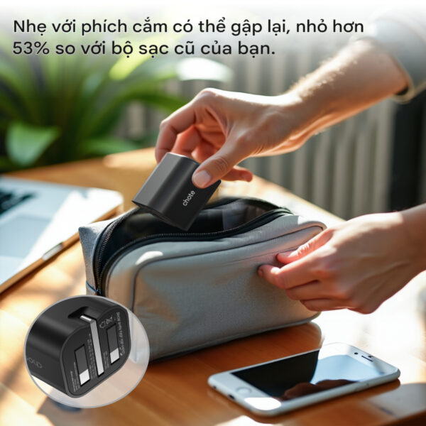 Củ sạc nhanh Gan 65w 3 cổng Choetech PD6038 (2 USB C + 1 USB A) chân cắm đa năng gấp gọn- Hàng chính hãng