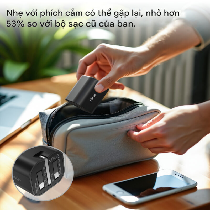 Củ sạc nhanh Gan 65w 3 cổng Choetech PD6038 (2 USB C + 1 USB A) chân cắm đa năng gấp gọn- Hàng chính hãng