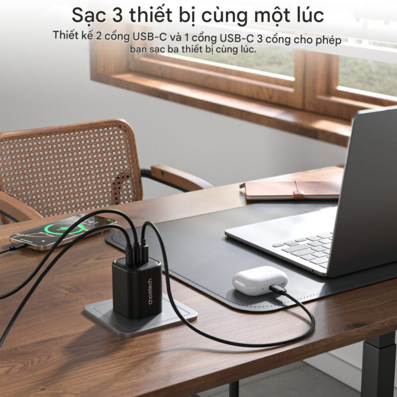 Củ sạc nhanh Gan 65w 3 cổng Choetech PD6038 (2 USB C + 1 USB A) chân cắm đa năng gấp gọn- Hàng chính hãng