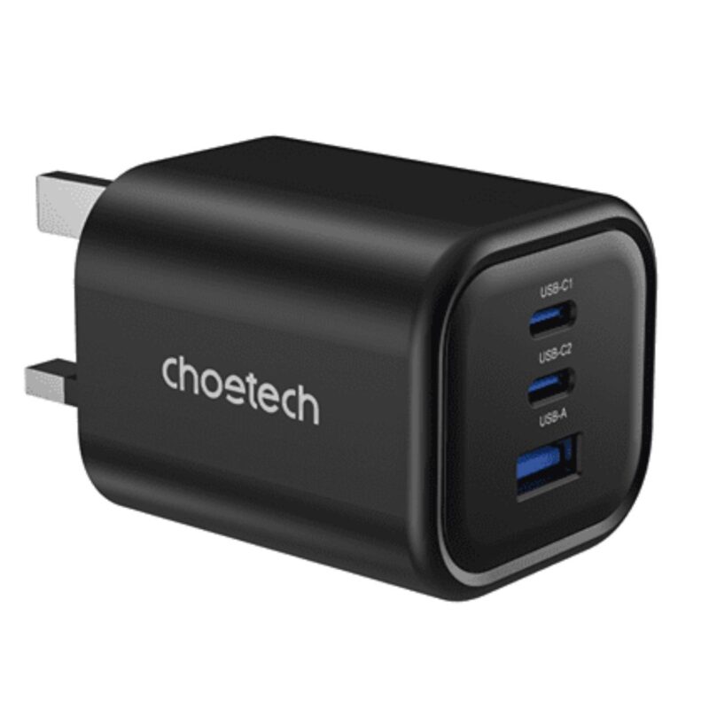 Củ sạc nhanh Gan 65w 3 cổng Choetech PD6038 (2 USB C + 1 USB A) chân cắm đa năng gấp gọn- Hàng chính hãng