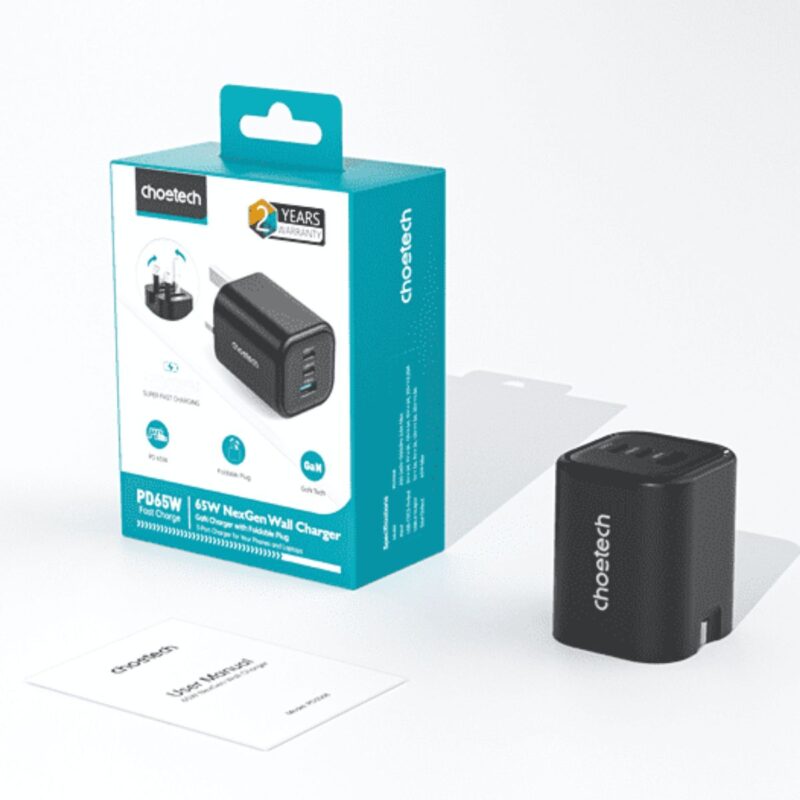 Củ sạc nhanh Gan 65w 3 cổng Choetech PD6038 (2 USB C + 1 USB A) chân cắm đa năng gấp gọn- Hàng chính hãng