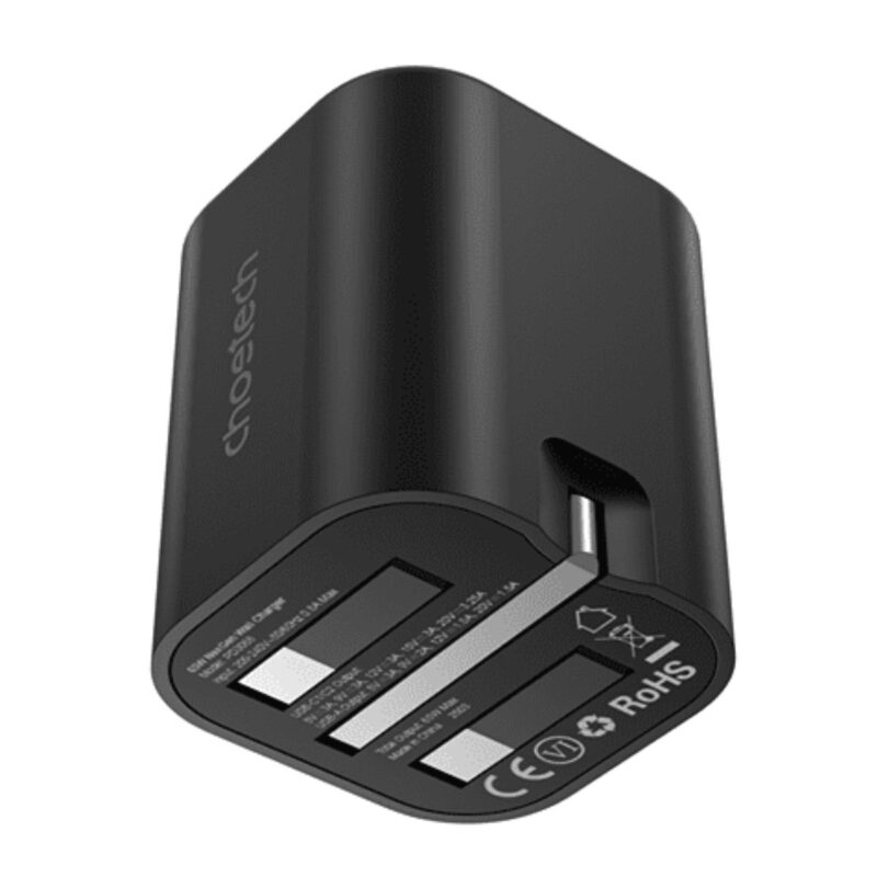 Củ sạc nhanh Gan 65w 3 cổng Choetech PD6038 (2 USB C + 1 USB A) chân cắm đa năng gấp gọn- Hàng chính hãng